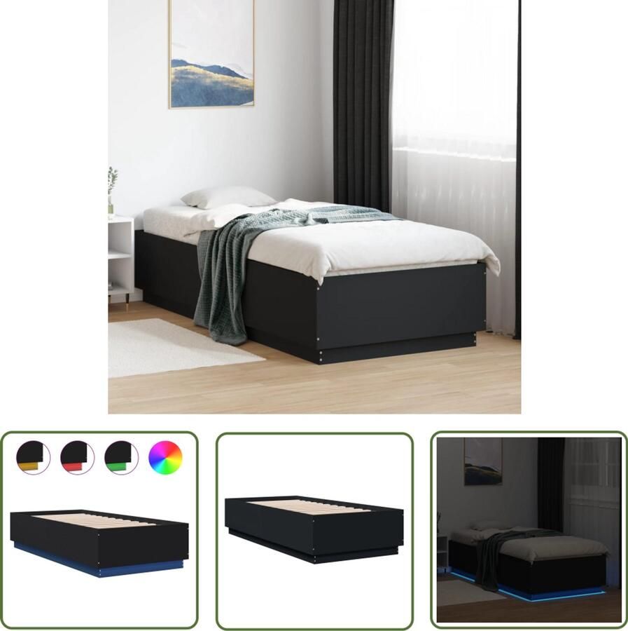 VidaXL Bedframe met LED-verlichting bewerkt hout zwart 90x200 cm Slaapcomfort Led Lampen Houten Bed Frame Modern Design Zwarte Bedbank