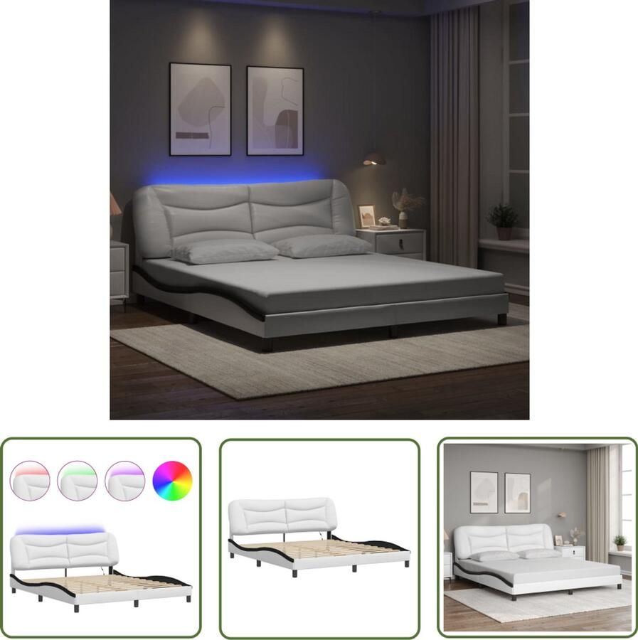 VidaXL Led Lampen Slaapcomfort Bedframe met LED zonder matras Hvar kunstleer wit en zwart 180x200 cm Kunstleder Bed Modern Design Boxspring Bed