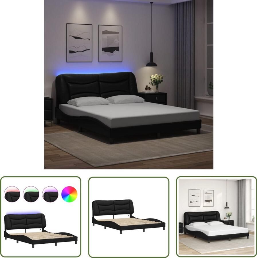 VidaXL Led Lampen Slaapcomfort Bedframe met LED zonder matras Hvar kunstleer zwart 160x200 cm Kunstleder Bed Boxspring Frame Tweepersoons Bed