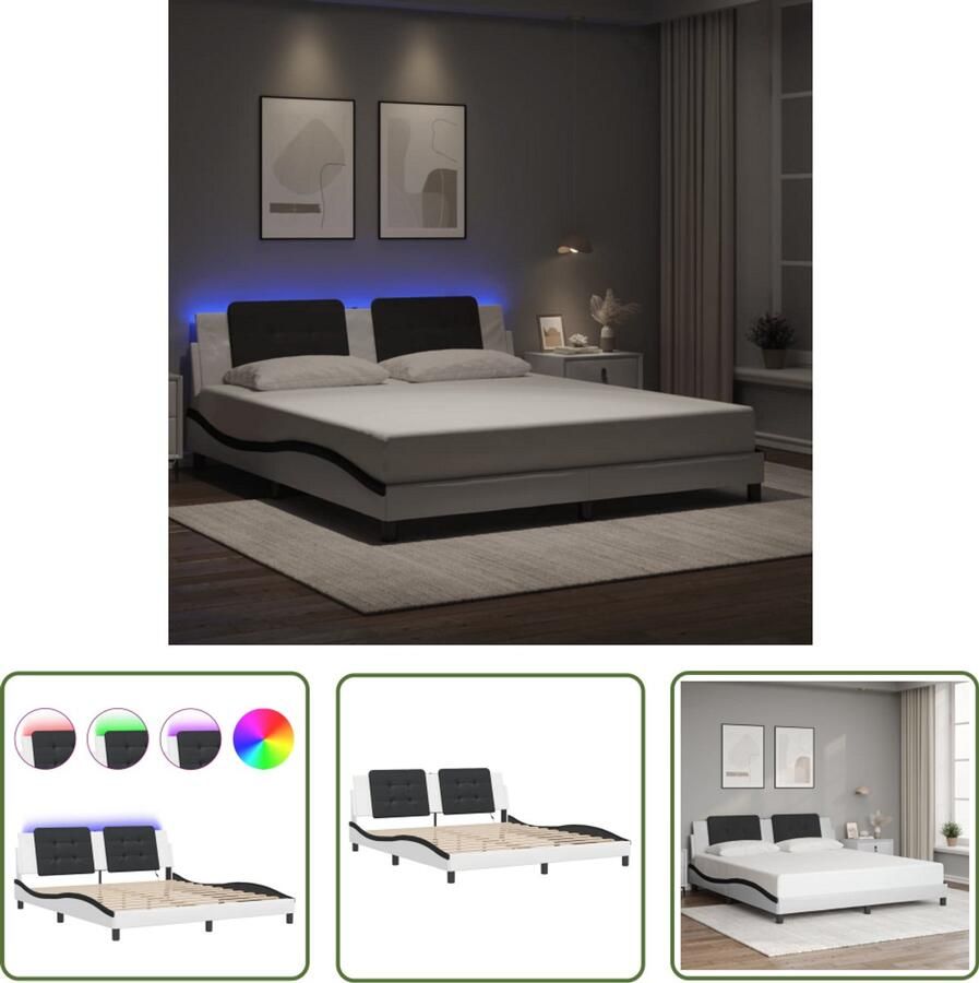 VidaXL Bedframe met LED zonder matras Zadar kunstleer wit en zwart 180x200 cm Slaapcomfort Led Lampen Kunstleder Bed Boxspring Frame Tweepersoons Bed