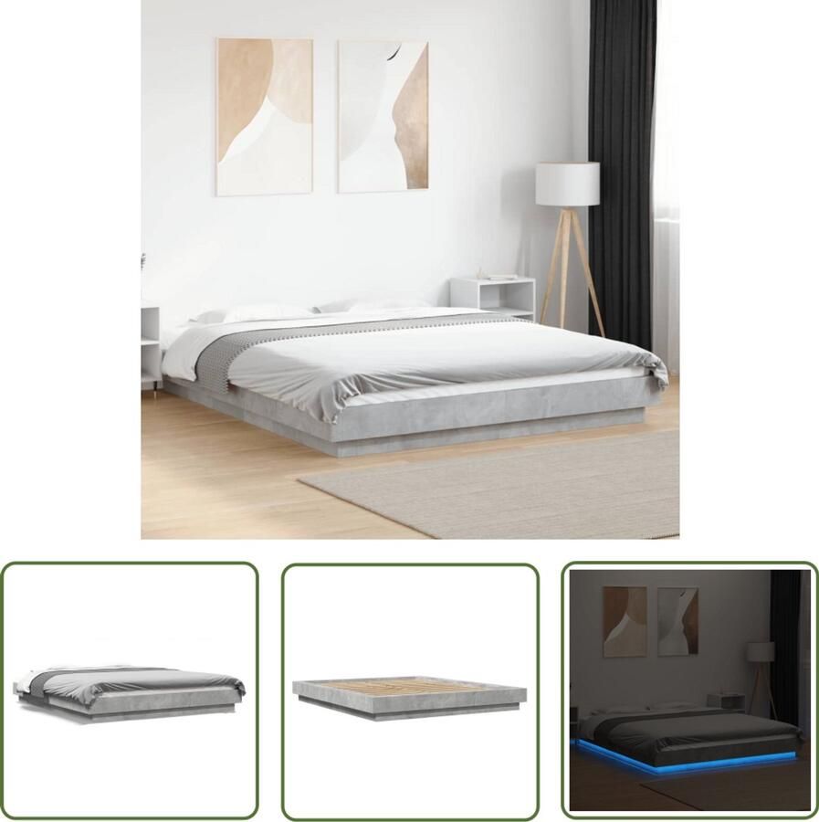 VidaXL Bedframe met LED-verlichting bewerkt hout betongrijs 150x200 cm Beton Grijs Bed Frame Led Verlichting Bed Houten Bed Frame Tweepersoons Bed King Size Bed