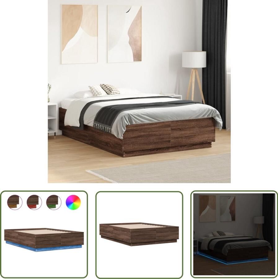 VidaXL Led Verlichting Bed Bruin Houten Bed Frame Bedframe met LED-verlichting bruin eikenkleurig 135x190 cm Slaapcomfort Modern Design Bed King Size Bed