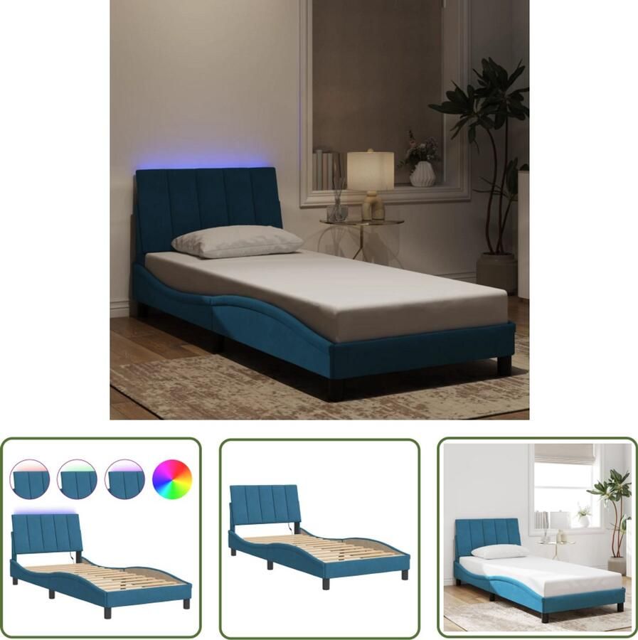 VidaXL Led Verlichting Bed Comfortabel Bed Frame Bedframe met LED zonder matras Hanko fluweel blauw 90x190 cm Velvet Bed Frame Blue Bed Frame King Size Bed Frame