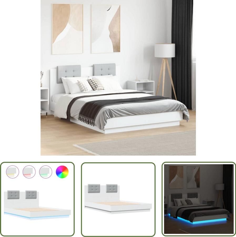 VidaXL Bedframe met hoofdeinde en LED-verlichting wit 135x190 cm Bed Frame Led Verlichting Houten Bed Tweepersoonsbed Slaapcomfort