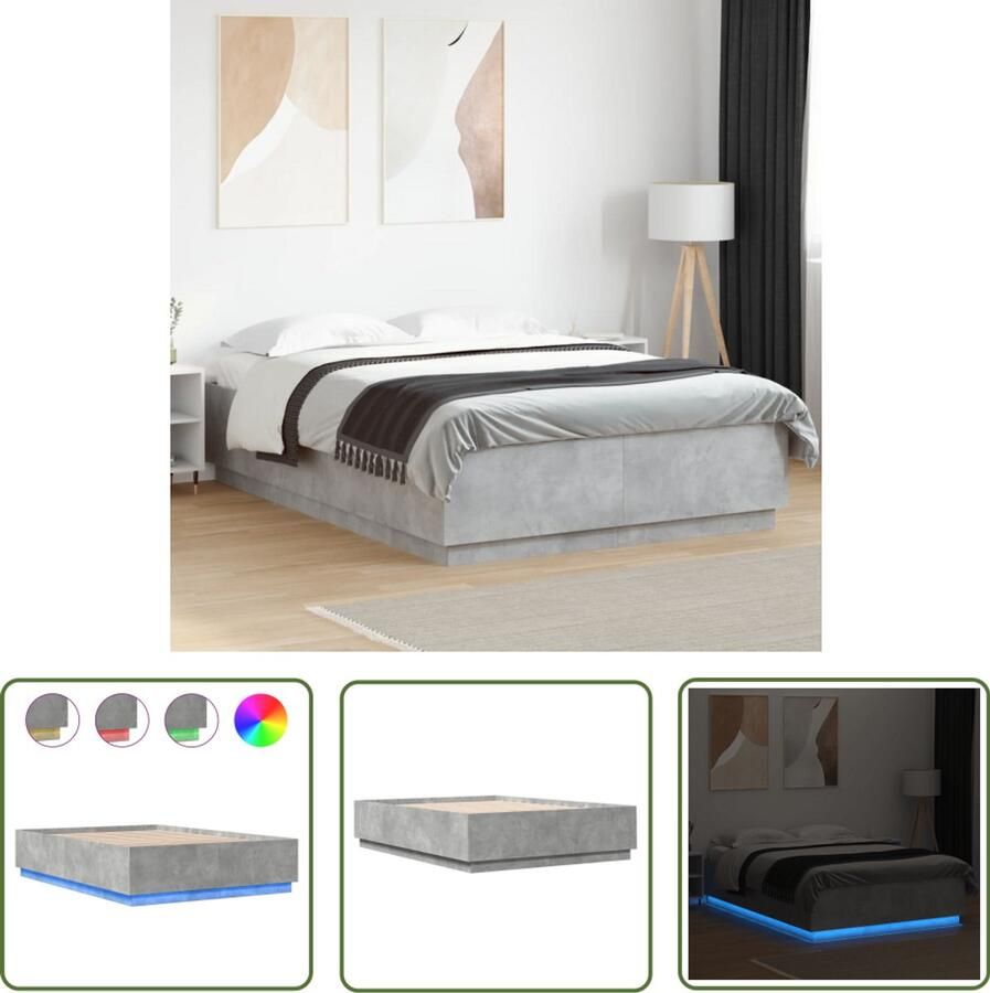 VidaXL Bedframe met LED-verlichting bewerkt hout betongrijs 150x200 cm Bed Frame Led Verlichting Houten Bed Beton Grijs Tweepersoonsbed