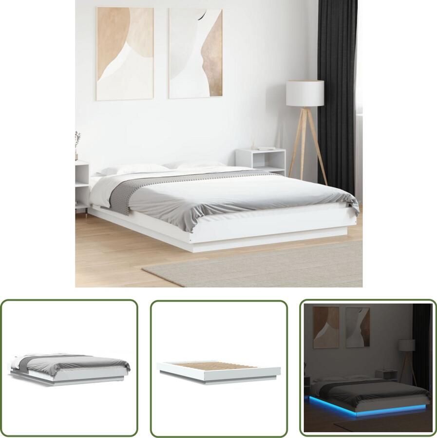 VidaXL Led Verlichting Bed Frame Bedframe met LED-verlichting bewerkt hout wit 120x190 cm Houten Bed Wit Bed Tweepersoonsbed