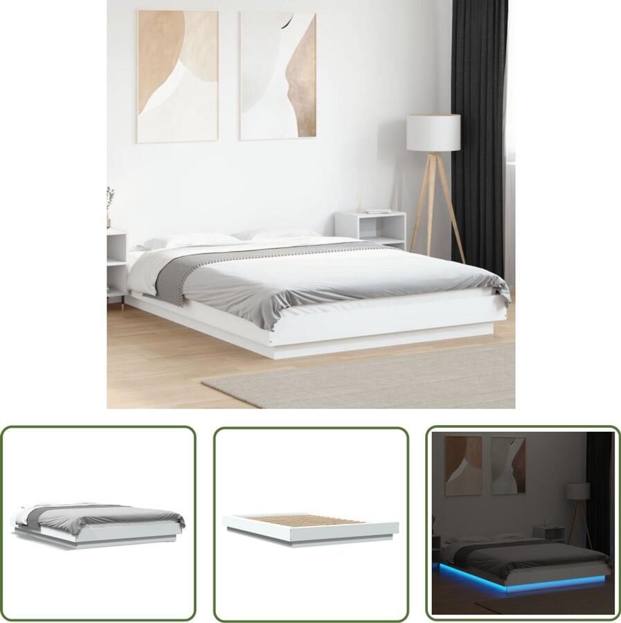 VidaXL Led Verlichting Bed Frame Bedframe met LED-verlichting bewerkt hout wit 140x200 cm Houten Bed Wit Bed Tweepersoons Bed