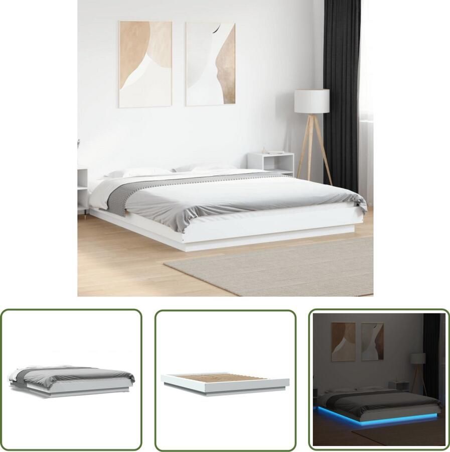 VidaXL Led Verlichting Bed Frame Bedframe met LED-verlichting bewerkt hout wit 150x200 cm Houten Bed Wit Bed Tweepersoons Bed