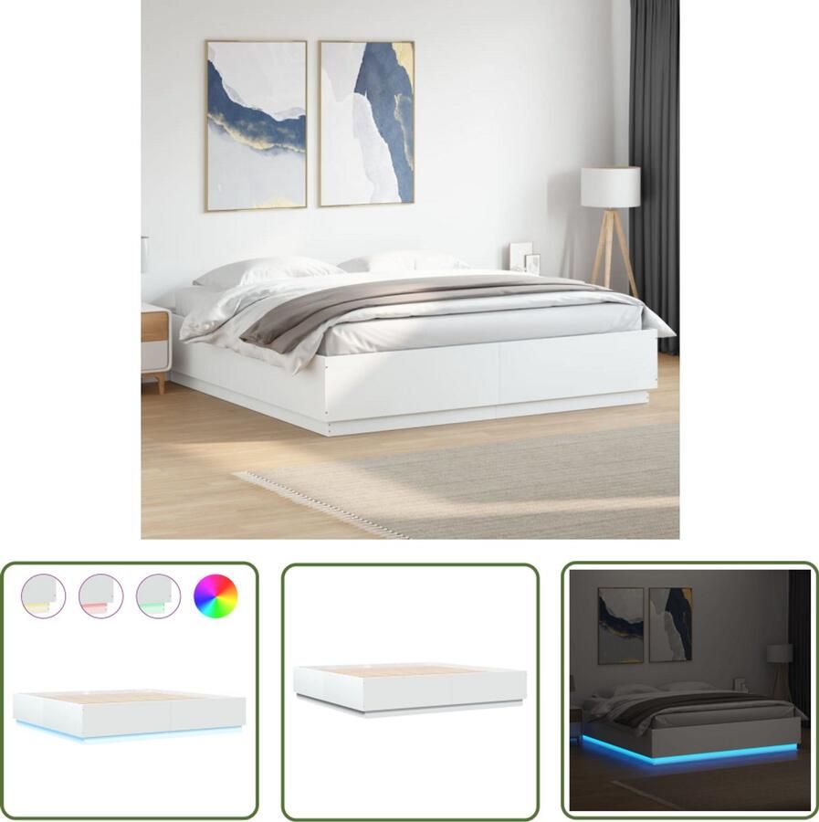 VidaXL Led Verlichting Bed Frame Bedframe met LED-verlichting bewerkt hout wit 200x200 cm Houten Bed Wit Bed Tweepersoons Bed