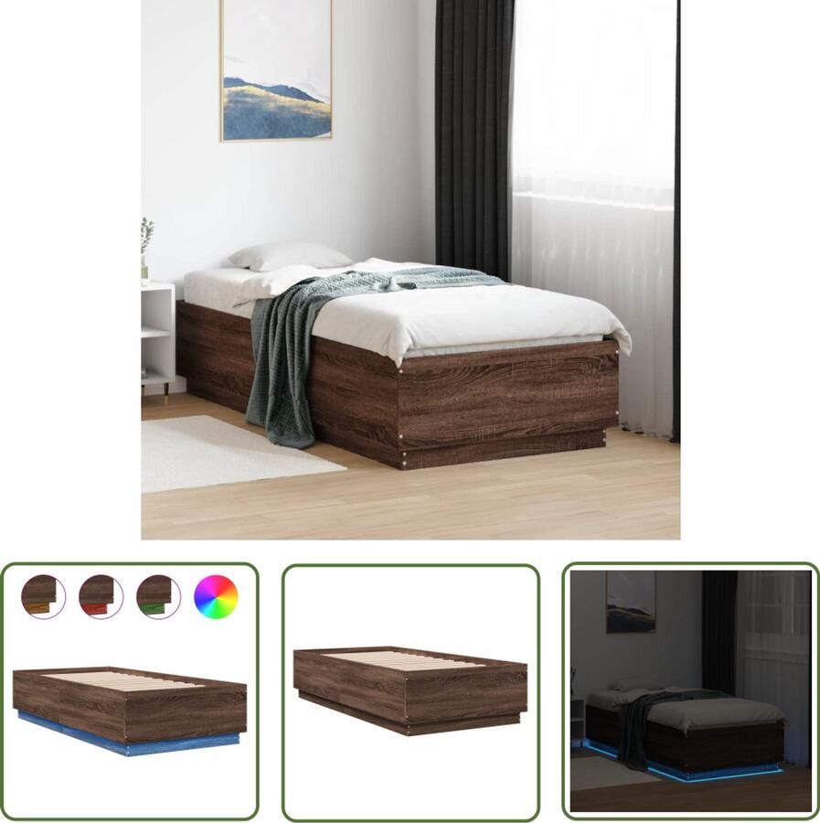 VidaXL Led Verlichting Bed Frame Bedframe met LED-verlichting bruin eikenkleur 90x190 cm Houten Bed Bruin Bed Tweepersoons Bed