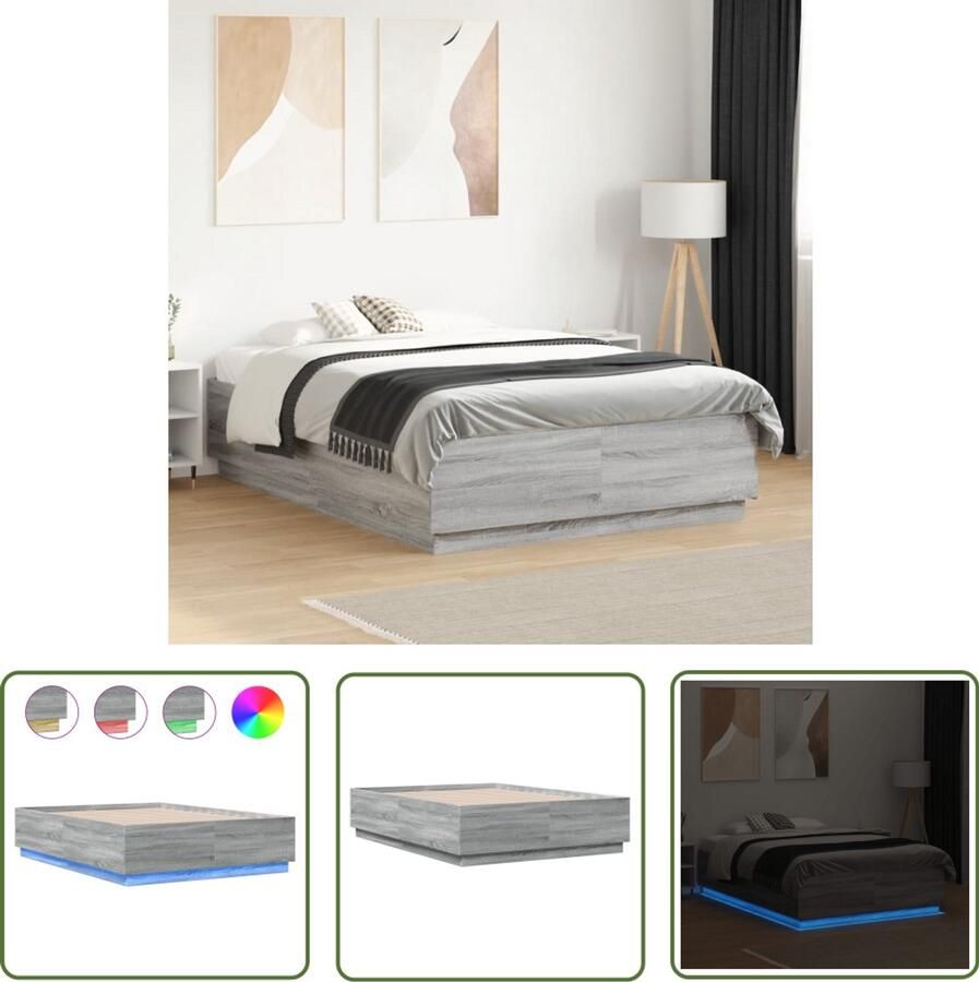VidaXL Led Verlichting Bed Frame Bedframe met LED-verlichting grijs sonoma eiken 120x190 cm Houten Bed Slaapcomfort Bedroom Decor