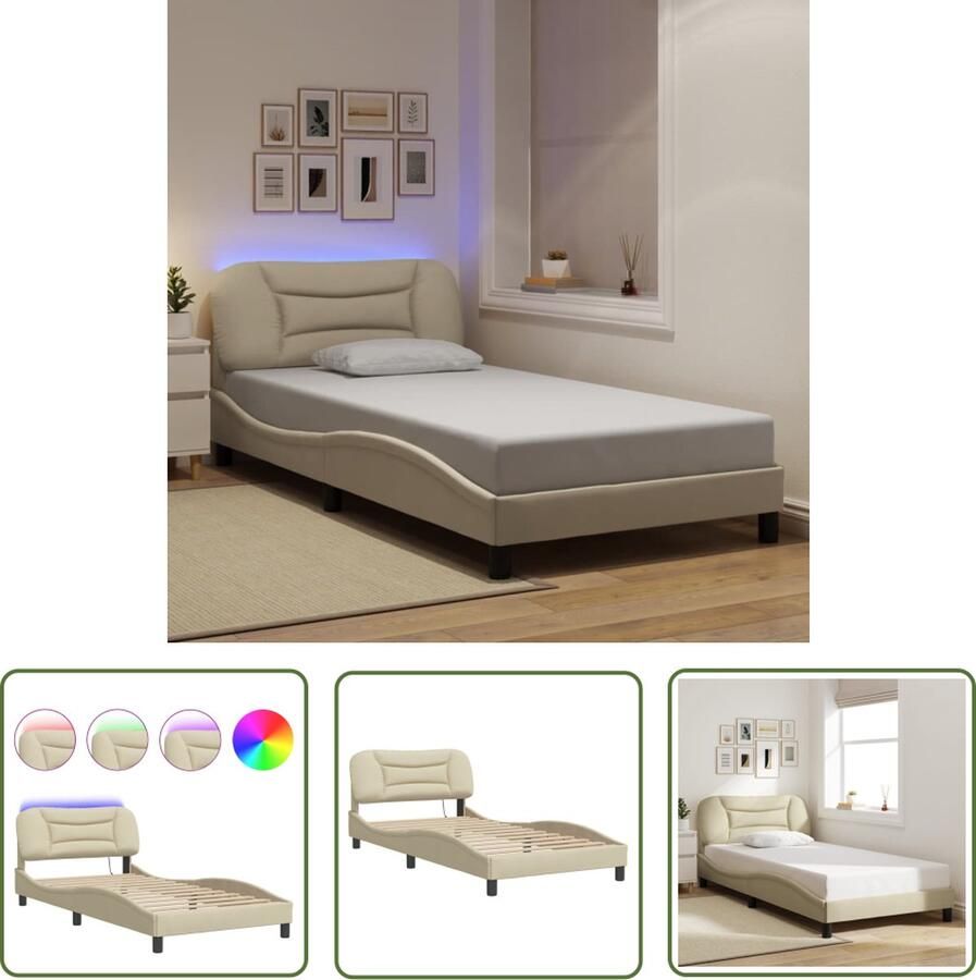 The Living Store Bedframe Met LED-Verlichting 100x200 cm Crème Golvend design comfortabele ondersteuning en kleurrijke LED-lampjes Bed Frame Led Verlichting Creme Kleurtone Tweepersoonsbed Hoofdbord
