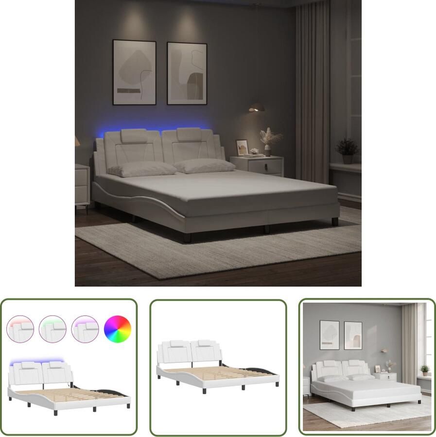 The Living Store Bedframe LED-verlichting 218 x 165 x 74.5 cm Wit kunstleer Geschikt voor matras 160 x 200 cm Bed Frame Led Verlichting Hoofdbord Kunstleder Tweepersoonsbed