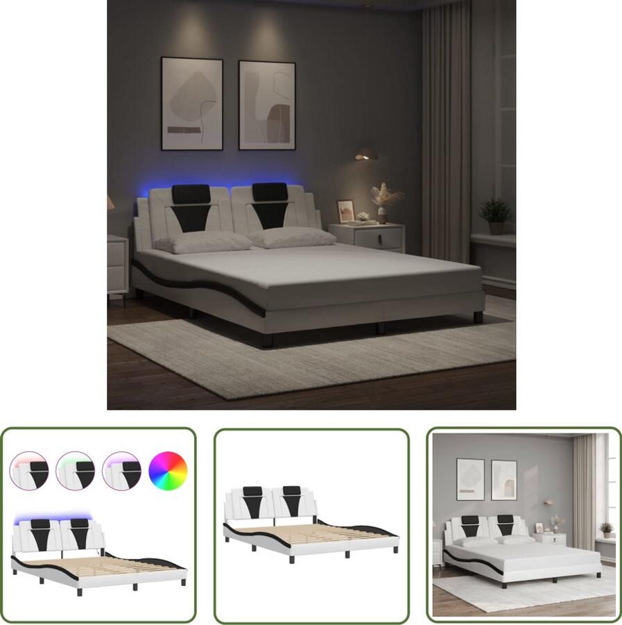 VidaXL Led Verlichting Bed Frame Bedframe Viana met LED zonder matras kunstleer wit en zwart 160x200 cm Kunstleder Bed Tweepersoons Bed Slaapcomfort