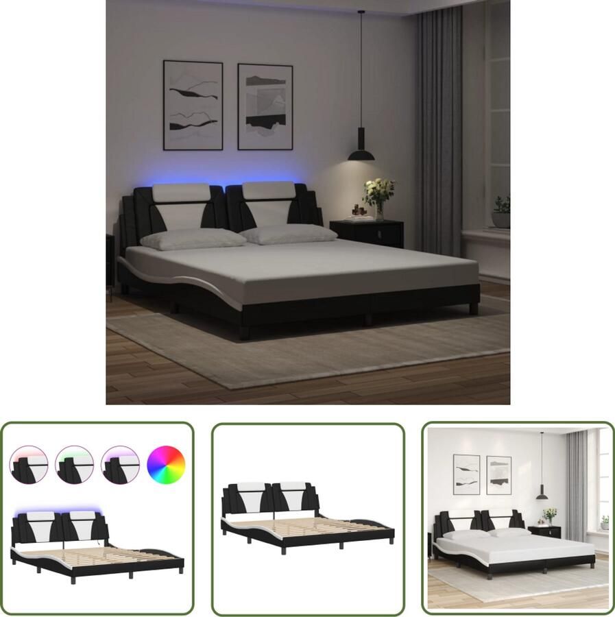 VidaXL Led Verlichting Bed Frame Bedframe Viana met LED zonder matras kunstleer zwart en wit 180x200 cm Kunstleder Bed Tweepersoons Bed Modern Bed