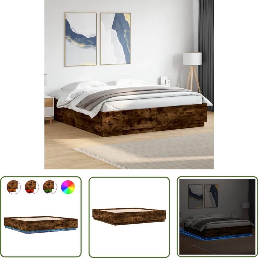 VidaXL Bedframe met LED-verlichting gerookt eikenkleurig 200x200 cm Bedframe Led Verlichting Bruine Bedbank Hout Bedframe King Size Bed