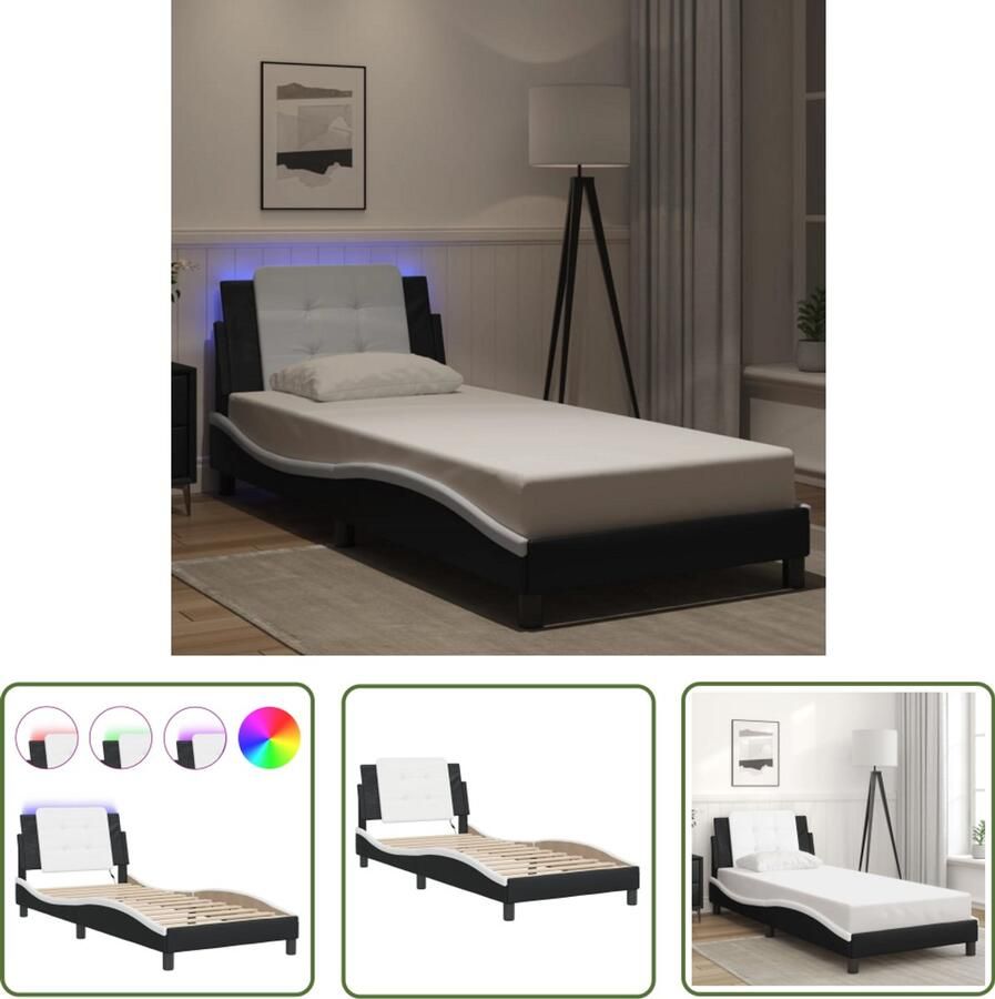 VidaXL Bedframe met LED zonder matras Zadar kunstleer zwart en wit 80x200 cm Bedframe Led-verlichting Kunstleder Modern Design Tweepersoonsbed