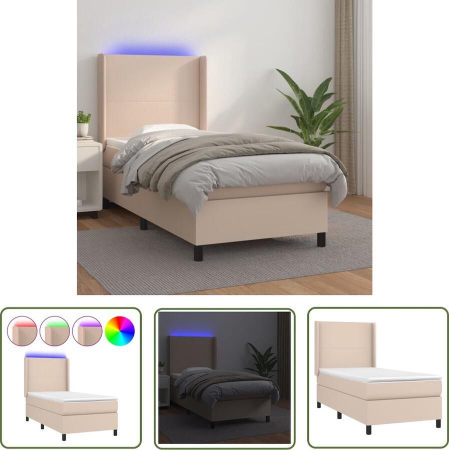 The Living Store Boxspring met matras en LED kunstleer cappuccinokleur 90x190 cm Boxspring Bed Led Verlichting Kunstleder Bed Slaapcomfort Bedroom Furniture