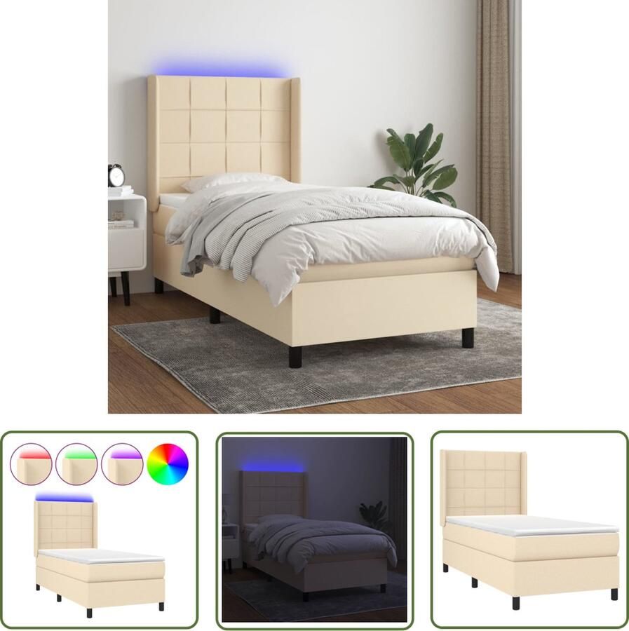 The Living Store Boxspring Bed Crème 203x83x118 128cm LED-verlichting Pocketvering Boxspring Bed Led Verlichting Creme Kleurig Pocketed Veren Matras Stapelbare Bed