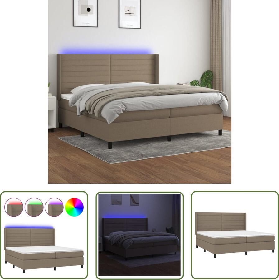 The Living Store Boxspring met matras en LED stof taupe 200x200 cm Boxspring Bed Led Verlichting Pocketvering Taupecouleur Tweepersoonsbed