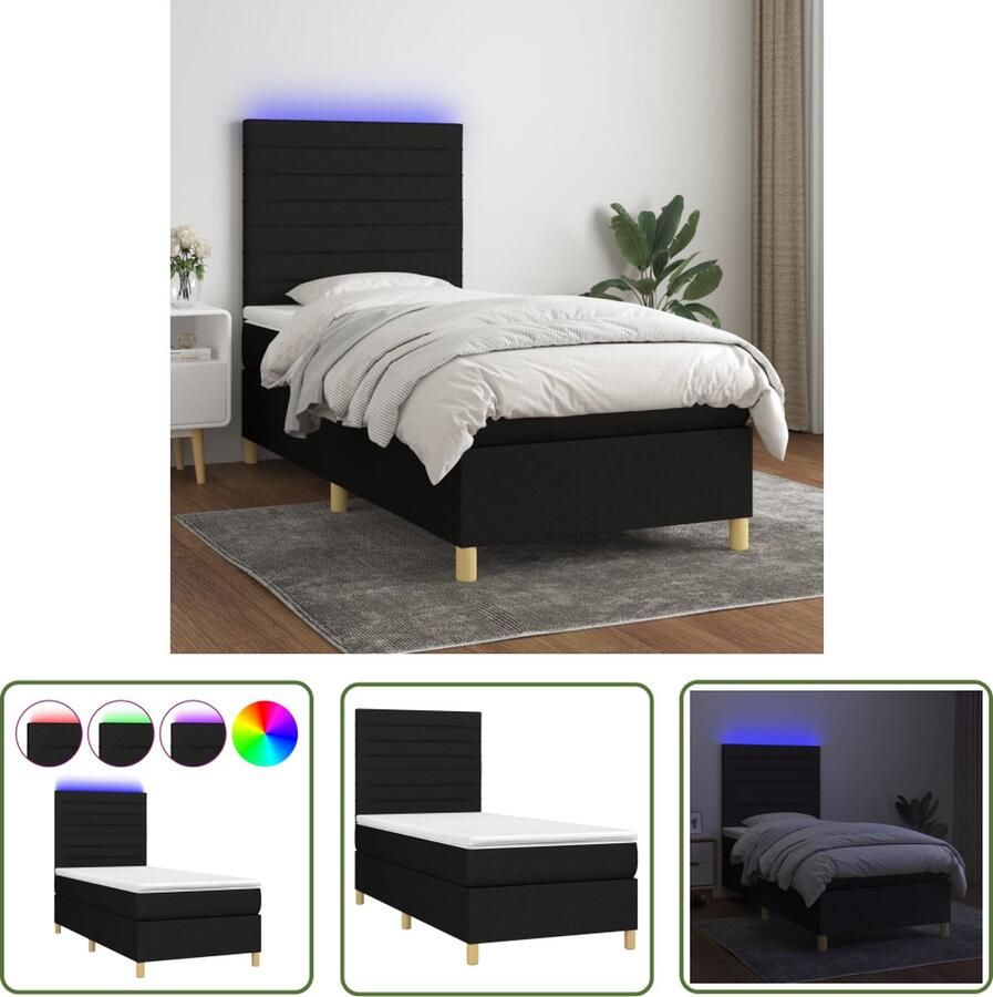 The Living Store Boxspring Bed LED Verlichting Pocketvering Matras Huidvriendelijk Topmatras 193x90cm Boxspring Bed Led Verlichting Pocketvering Matras Huidgevend Topmatras Slaapcomfort