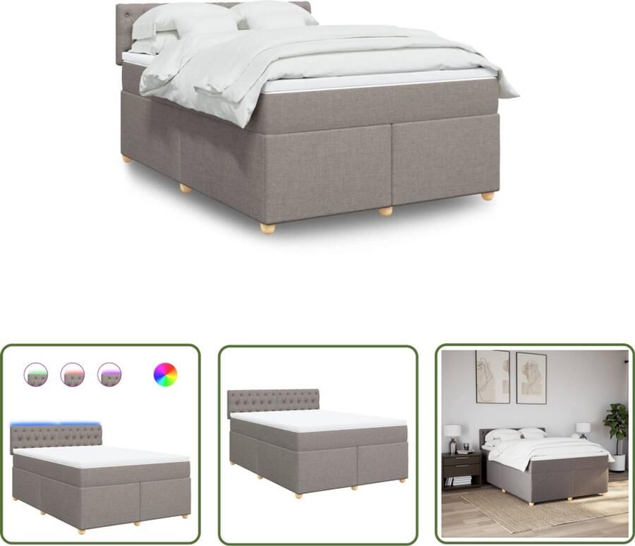 The Living Store Boxspring met matras stof taupe 140x200 cm Boxspring Bed Led Verlichting Pocketvering Matras Tweepersoons Bed Slaapcomfort