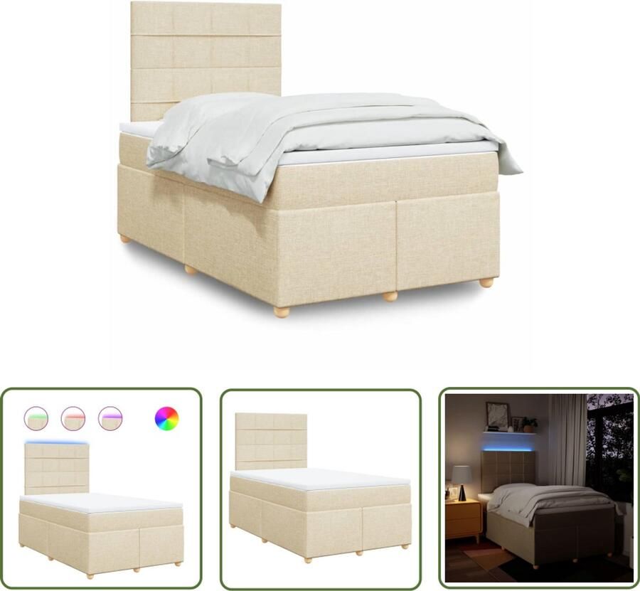 The Living Store Boxspring met matras stof crèmekleurig 120x200 cm Boxspring Led Verlichting Boxspringbed Pocketingmatras Elektrisch Verstelbaar Hoofdbord