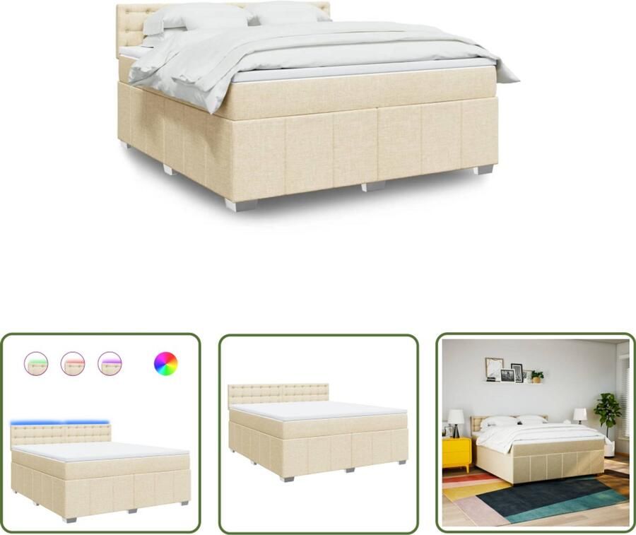VidaXL Boxspring met matras stof crèmekleurig 180x200 cm Boxspring Led Verlichting Matras Topper Pocketvering