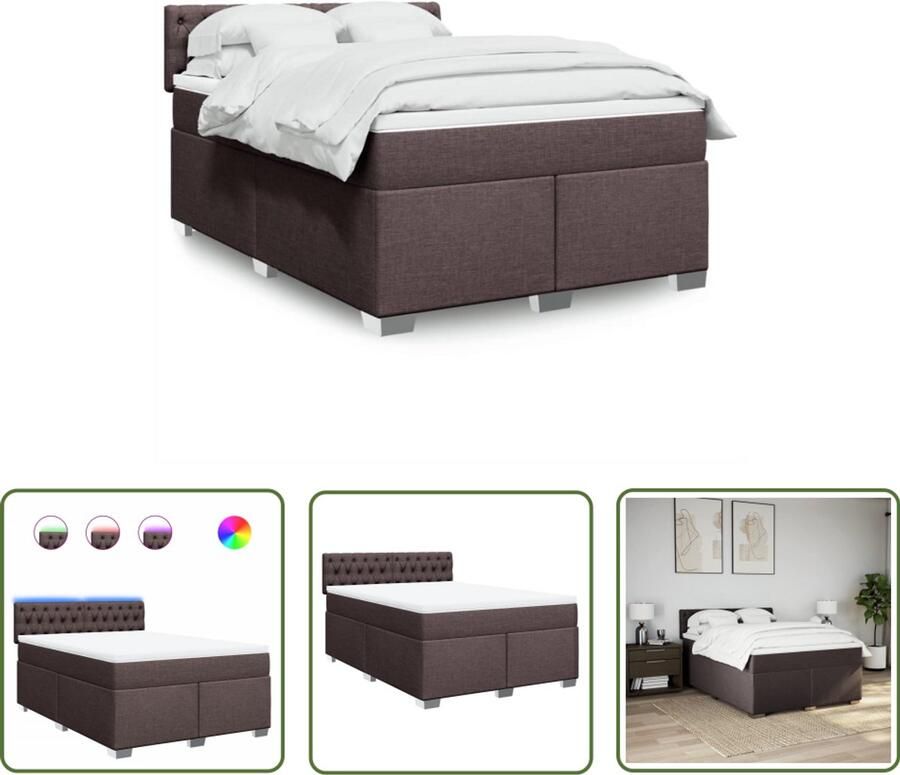 The Living Store Boxspring met matras stof donkerbruin 140x200 cm Boxspring Led Verlichting Tweepersoonsbed Pocketveringmatras Boxspringbed