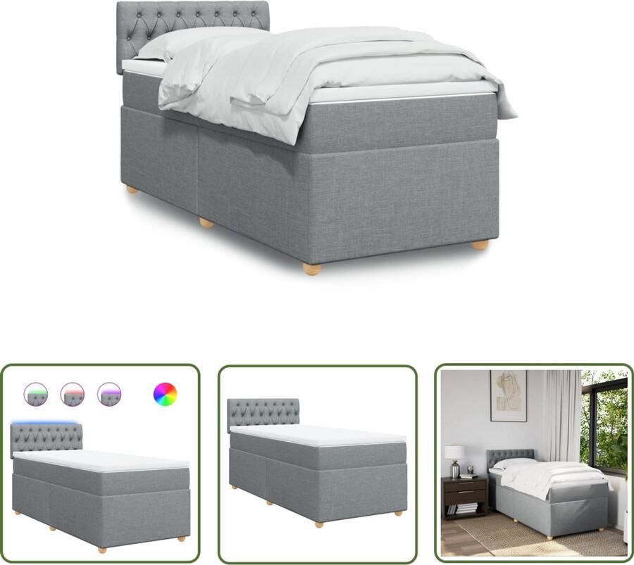 The Living Store Boxspring met matras stof lichtgrijs 100x200 cm Boxspring Led Verlichting Pocketh Verenmatras Tweepersoonsbed Slaapcomfort