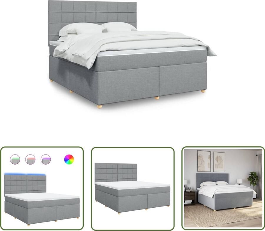 The Living Store Boxspring met matras stof lichtgrijs 180x200 cm Boxspring Led Verlichting Pocketingmatras Slaapcomfort Boxspringbed