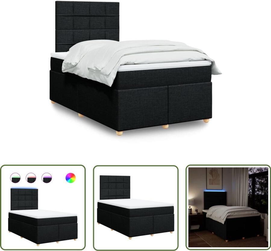 VidaXL Boxspring met matras stof zwart 120x200 cm Boxspring Led Verlichting Matras Pocketvering Kruipruimte
