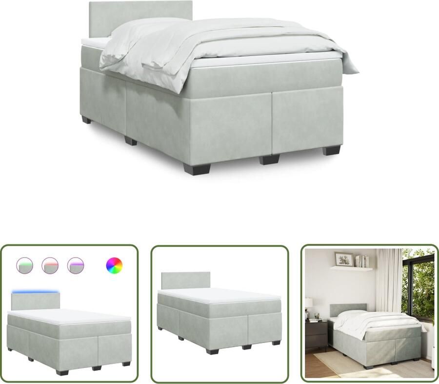 The Living Store Boxspringbed LED-verlichting Pocketveringmatras 120x200 cm Fluweel Lichtgrijs Boxspringbed Led Verlichting Boxspring Tweepersoonsbed Velvet Bed