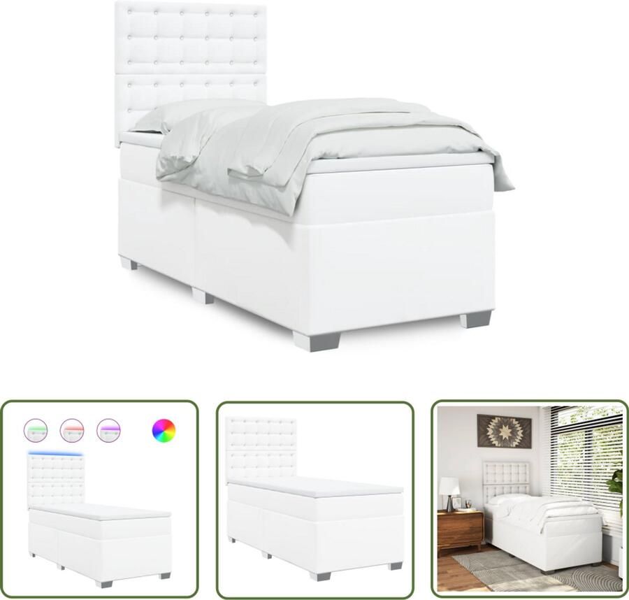 The Living Store Boxspring met matras kunstleer wit 100x200 cm Boxspringbed Led Verlichting Elektrisch Verstelbaar Hoofdbord Pocketveringmatras Kunstleder Bed Frame