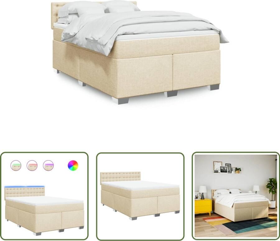 The Living Store Boxspring met matras stof crèmekleurig 160x200 cm Boxspringbed Led Verlichting Pocketveringmatras Tweepersoonsbed Creme Kleur