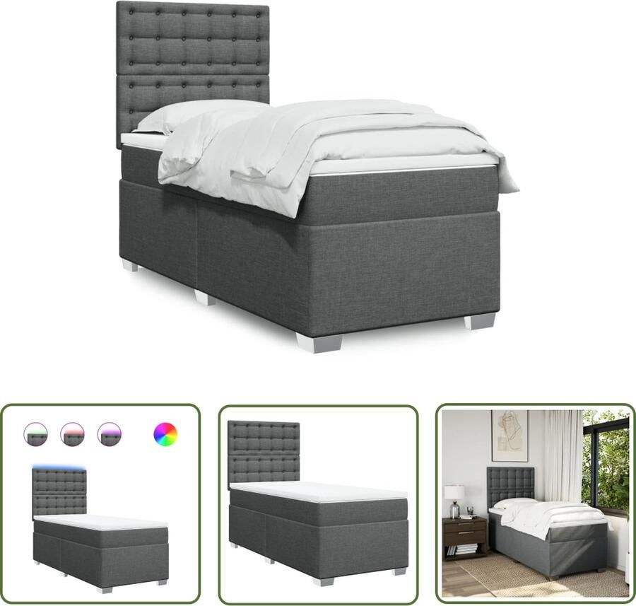 The Living Store Boxspring met matras stof donkergrijs 90x190 cm Boxspringbed Led Verlichting Pocketvering Tweepersoonsbed Grijs Bed