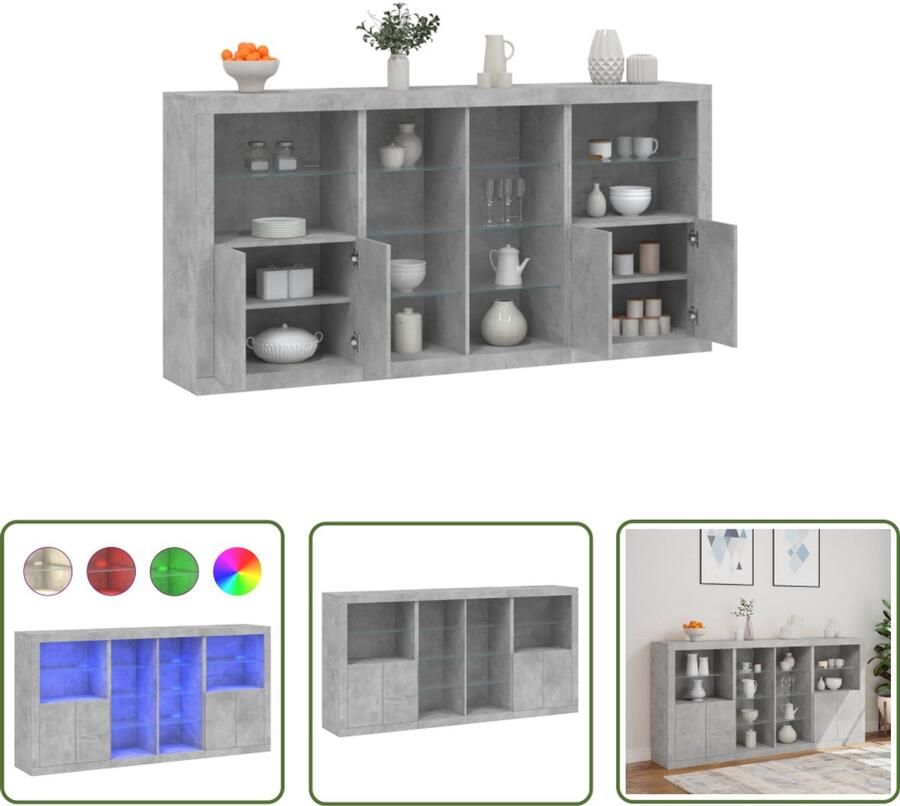 VidaXL Dressoir met LED-verlichting 202x37x100 cm betongrijs Dressoir LED-verlichting Betongrijs Houten Dressoir Multifunctionele Kast