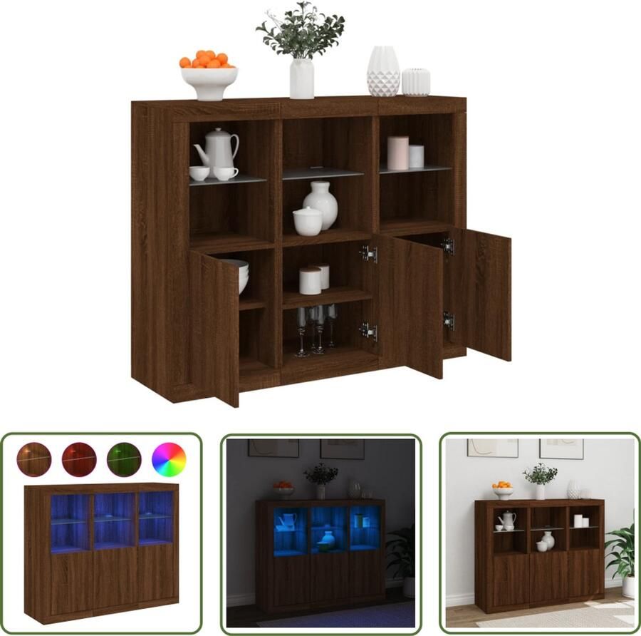 The Living Store Dressoirs met LED-verlichting 3 st bewerkt hout bruineikenkleur Dressoir Modern Dressoir Led Dressoir Houten Dressoir Bruine Eiken Dressoir