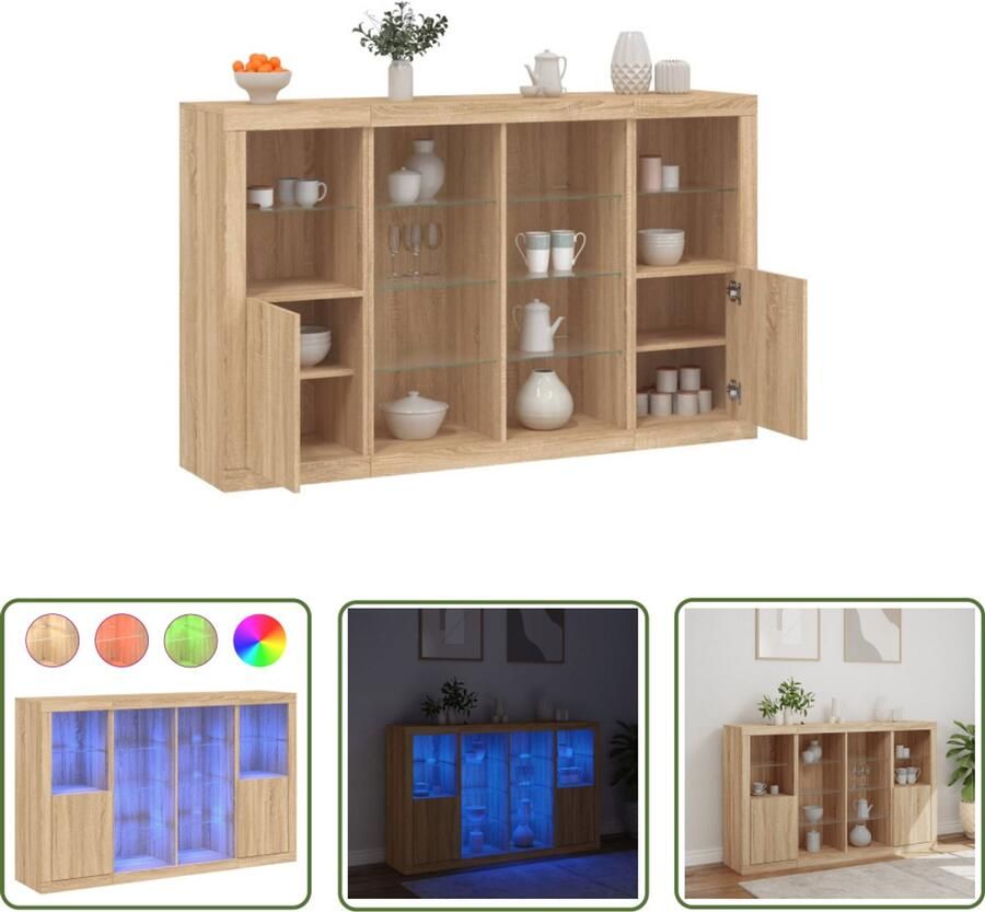 The Living Store Dressoirs met LED-verlichting 3 st bewerkt hout sonoma eiken Dressoirs Modern Wonen Led Verlichting Houten Kast Opbergruimte