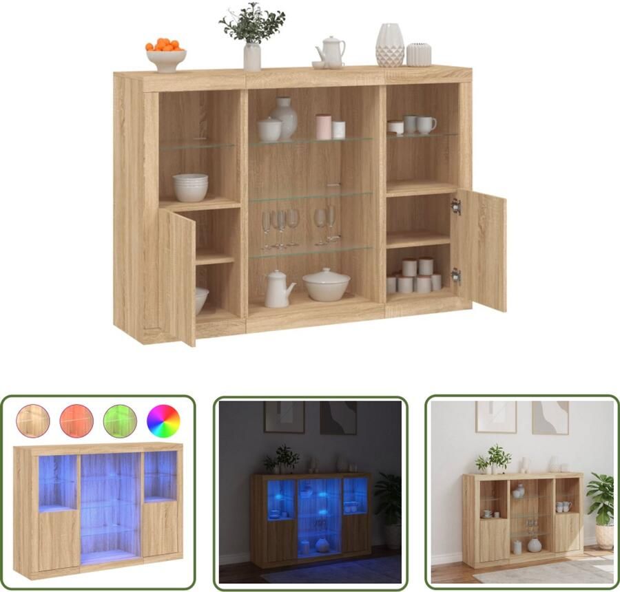 The Living Store Dressoirs met LED-verlichting 3 st bewerkt hout sonoma eiken Dressoirs Modern Design Led Verlichting Opbergruimte Woonkamer Meubilair