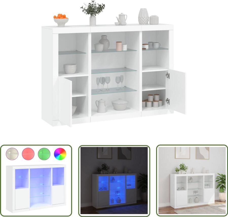 The Living Store Dressoirs met LED-verlichting 3 st bewerkt hout wit Dressoir Buffett Led Verlichting Houten Kast Modern Design