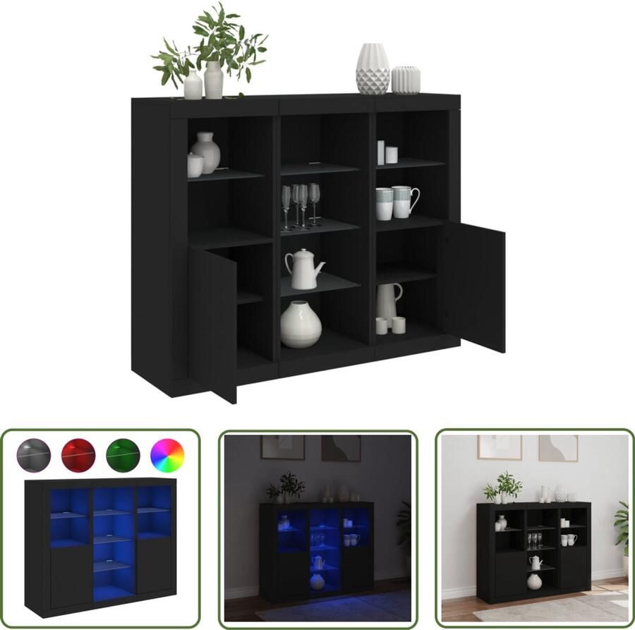 The Living Store Dressoirs met LED-verlichting 3 st bewerkt hout zwart Dressoir Modern Meubel Led Verlichting Opberg Kast Houten Dressoir