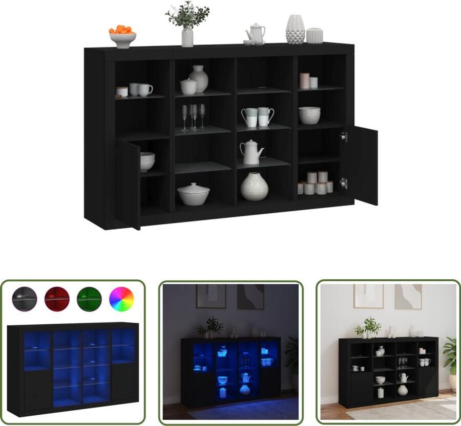 The Living Store Dressoirs met LED-verlichting 3 st bewerkt hout zwart Dressoir Modern Meubel Led Verlichting Opbergkast Woonkamerdecoratie