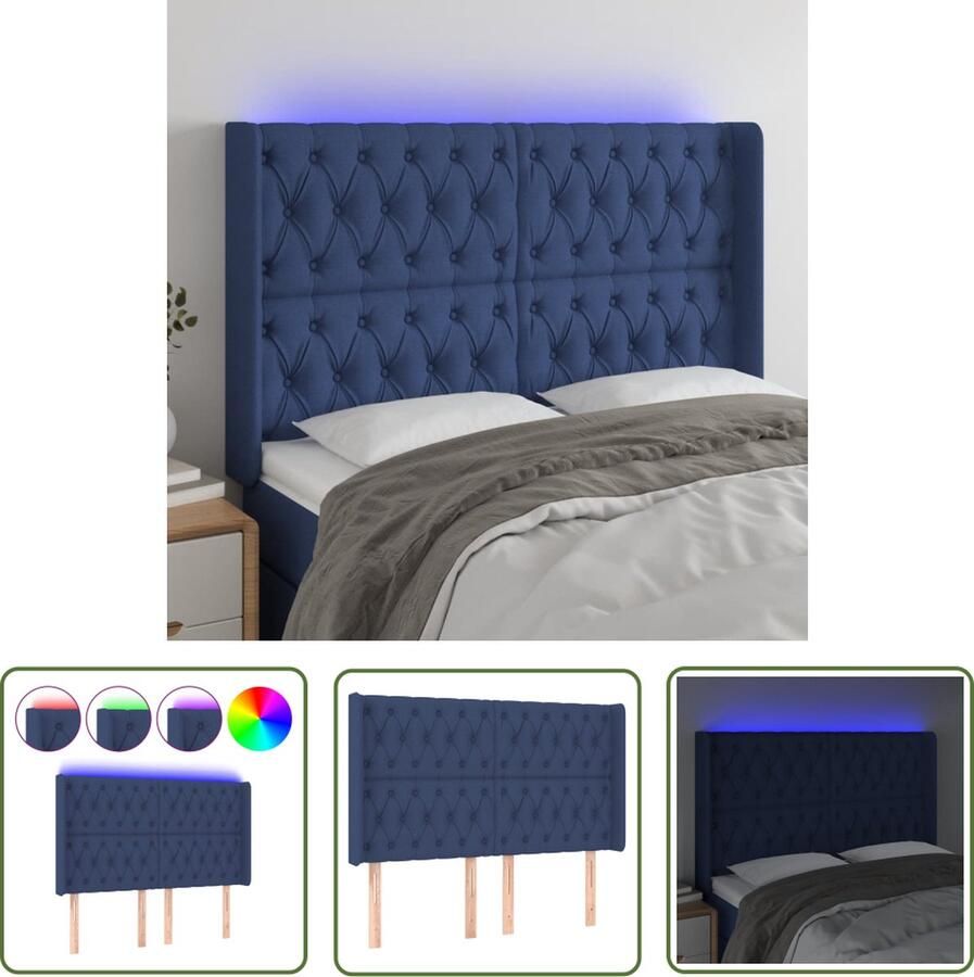 The Living Store LED Hoofdbord Hoofdeinde 147x16x118 128 cm Blauw Stof Massief larikshout Schuim Kleurrijke LED-verlichting Hoofd Bord Led Verlichting Hoofdbord Blauw Slaapkamersdecoratie Comfortabel Hoofdbord