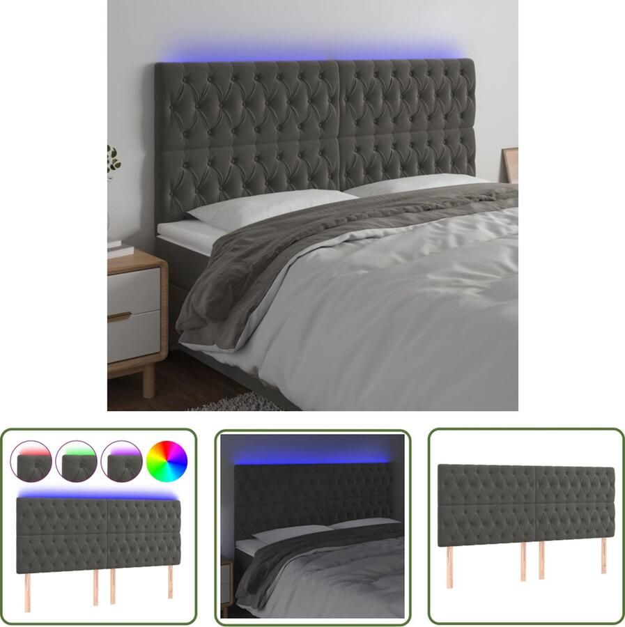 The Living Store Donkergrijs Hoofdeinde LED Verlichting Verstelbare Hoogte Zacht Fluweel 200 x 7 x 118 128 cm Hoofd Bord Led Verlichting Velvet Grijs Tweepersoonsbed