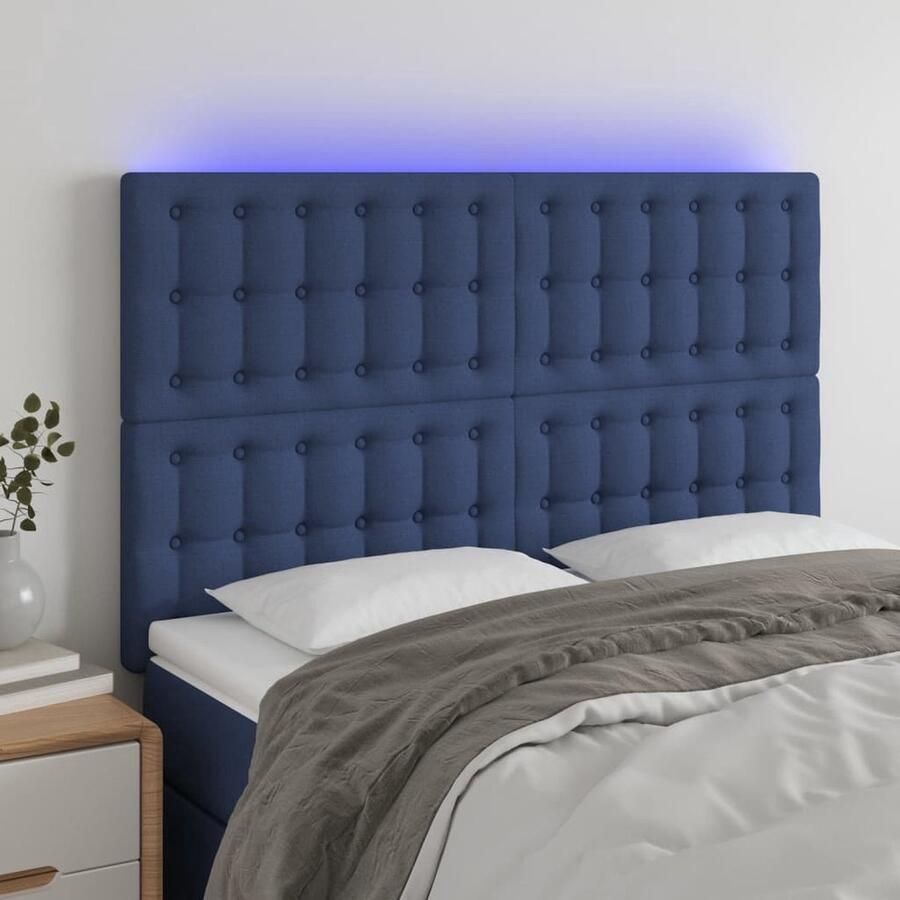 The Living Store Hoofdbord LED 144x5x118 128 cm stof blauw Hoofdboard Led Verlichting Blauwe Hoofdboard Beddecoratie Slaapkamers