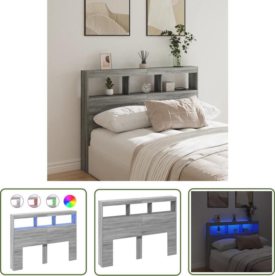 The Living Store Hoofdbordkast LED-verlichting 140 x 17 x 102 cm Grijs Sonoma eiken Hoofdbord Led Verlichting Bedroom Furniture Houten Hoofdbord Grijze Hoofdbord
