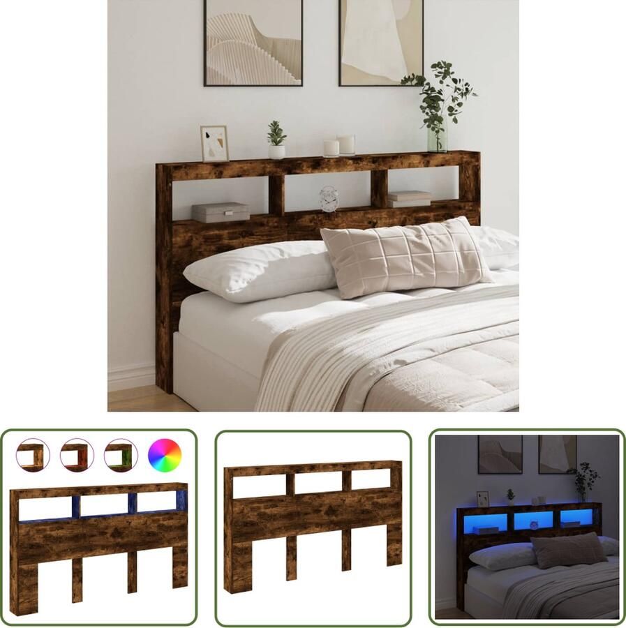 The Living Store Hoofdbordkast met LED-verlichting 180x17x102 cm gerookt eiken Hoofdbord Led Verlichting Bedroom Furniture Houten Hoofdbord Bruine Hoofdbord