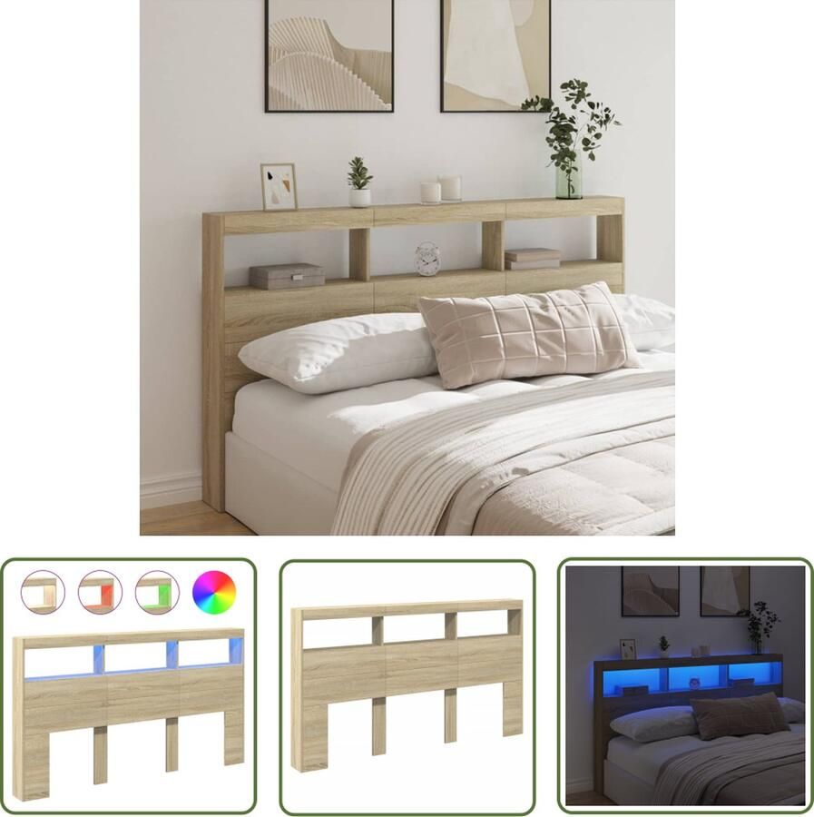 The Living Store Hoofdbordkast met LED Sonoma Eiken 180 x 17 x 102 cm RGB LED-verlichting Hoofdbord Led Verlichting Sonomap Eiken Bedroom Furniture Slaapkamersdecoratie