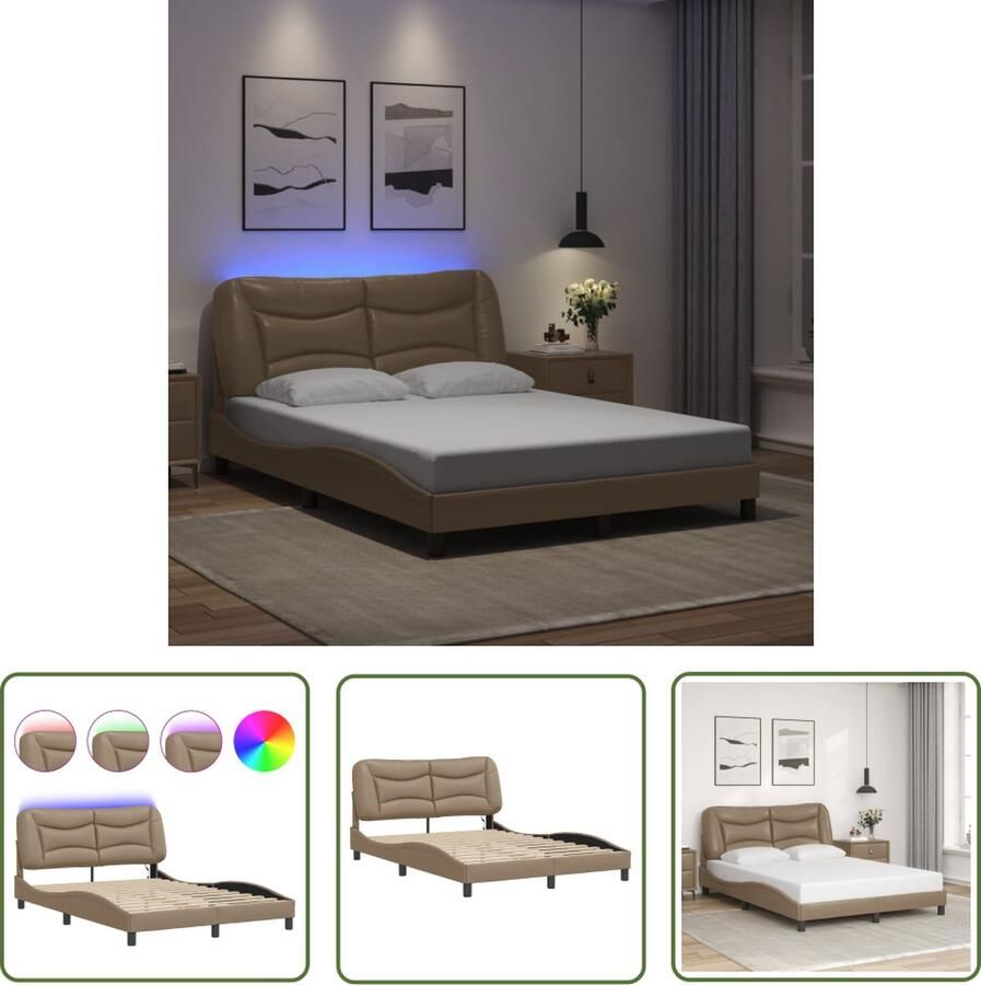 The Living Store Luxe Bedframe LED Verlichting 120 x 200 cm Multiplex Lattenbodem Luxe Bed Frame Led Verlichting Kapstok Kunstleder Bed Tweepersoons Bed